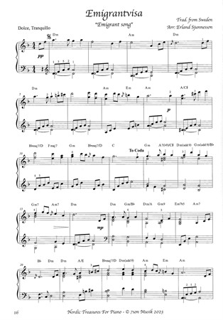 Noter från Nordic Treasures for Piano med nya pianoarrangemang i nordisk stil av Erland Sjunnesson.