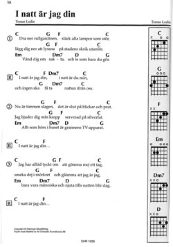 Exempel från 100 lätta låtar: Gitarr 4 med låttext, ackord och grepptabell