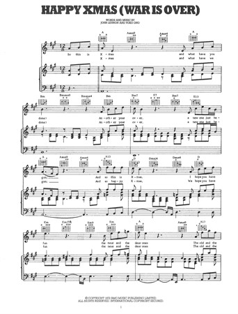 Noter med text, piano, ackord och gitarrtab till låten Happy Xmas (War Is Over).