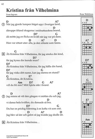 Exempel från 100 lätta låtar: Gitarr 1 med ackord, låttext och behändigt grepptabell